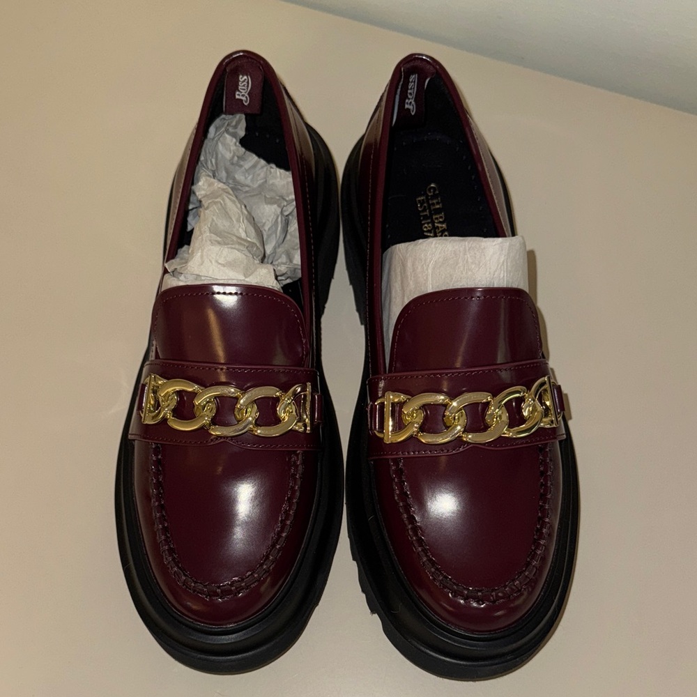 Elegant Burgundy Loafers with Gold Chain by GH Bass - NEW